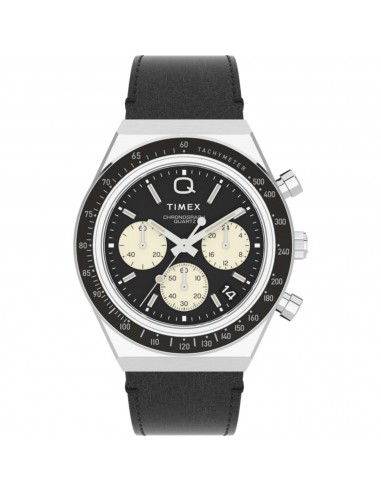 Timex Men's Watch - Q Chronograph Rotating Bezel Black Leather Strap | TW2V42700 brillant des détails fins