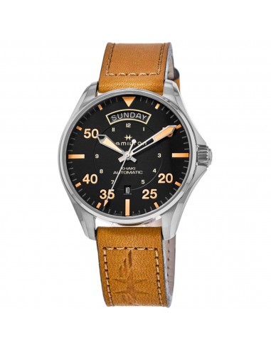 Hamilton Men's Watch - Khaki Aviation Day Date Auto Brown Leather Strap | H64645531 Faites des économies